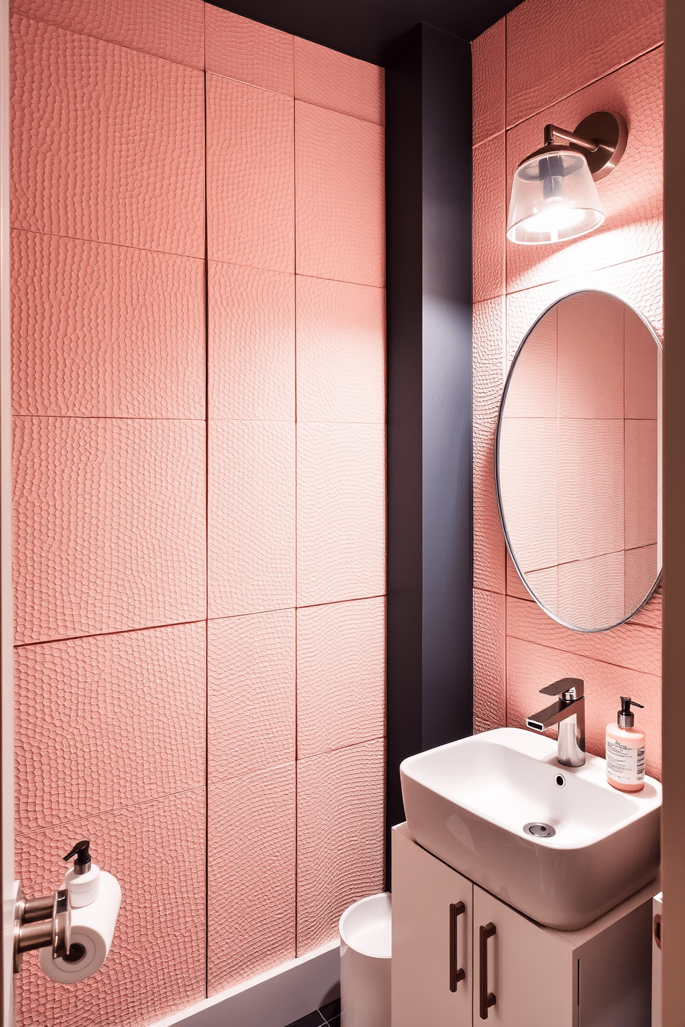 A trendy powder room featuring textured wall panels that add depth and visual interest. The space is accented with a sleek, modern sink and a stylish mirror that enhances the room's contemporary aesthetic. The color palette includes soft pastels with touches of bold accents, creating a welcoming atmosphere. Thoughtfully placed lighting fixtures illuminate the room, highlighting the unique textures and design elements.