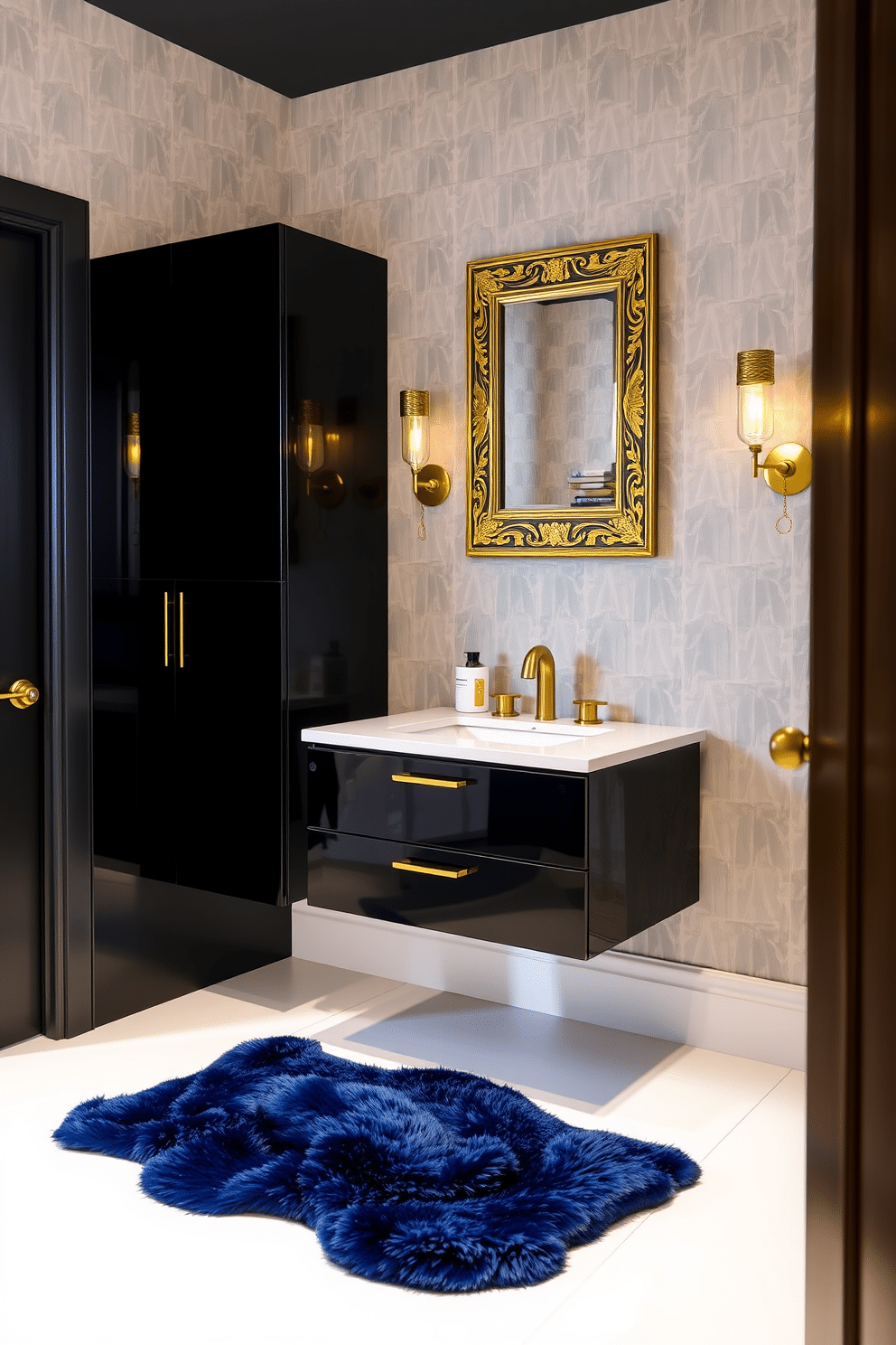 A trendy powder room features a sleek, floating vanity with a glossy black finish and a white quartz countertop. Gold accents are incorporated through a stylish faucet, a framed mirror with intricate detailing, and decorative wall sconces that provide warm ambient lighting. The walls are adorned with a chic geometric wallpaper in soft pastels, adding a modern touch to the space. A plush, deep blue rug lies on the floor, perfectly complementing the gold accents and enhancing the luxurious feel of the room.