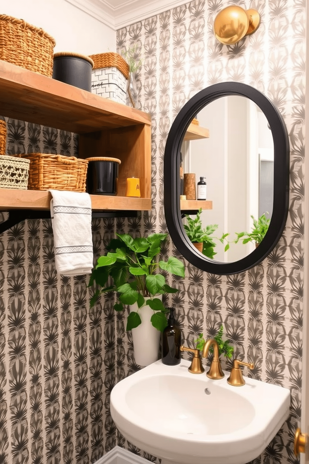 Open shelving for stylish storage solutions. The shelves are made of reclaimed wood, showcasing a mix of decorative baskets and potted plants for a fresh, inviting look. Trendy Powder Room Design Ideas. The space features a chic pedestal sink with a vintage faucet, complemented by bold wallpaper in a geometric pattern that adds a modern touch.