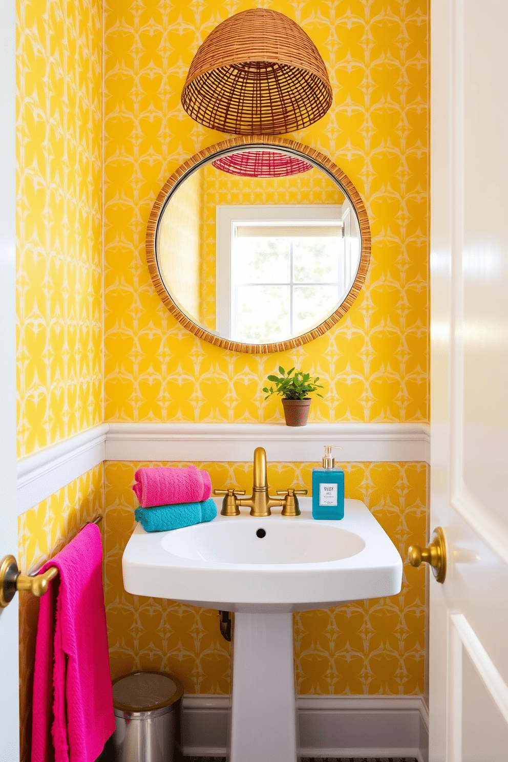 A trendy powder room featuring vibrant yellow walls adorned with geometric wallpaper. The space includes a sleek pedestal sink with a brushed gold faucet and a round mirror framed in rattan, creating a lively focal point. A playful arrangement of colorful accessories, such as bright towels and a whimsical soap dispenser, adds personality to the room. A small potted plant on the windowsill brings a touch of nature indoors, enhancing the energizing atmosphere.