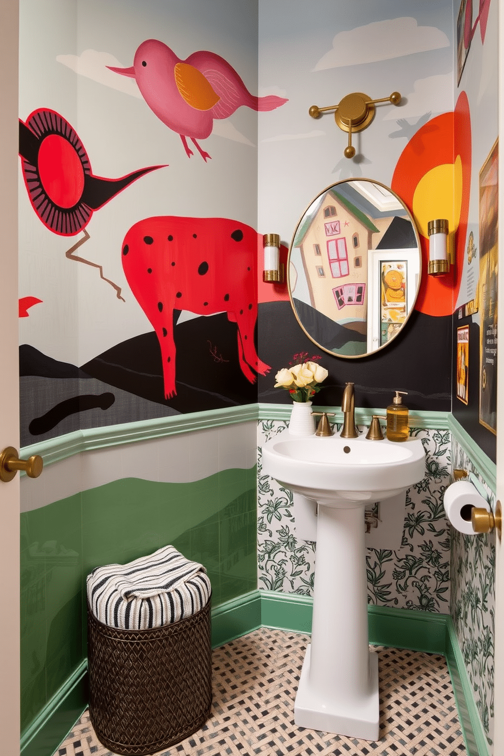 Artistic murals that convey a personal statement. The walls are adorned with vibrant, hand-painted designs that reflect the homeowner's personality and interests, creating a unique focal point in the space. Trendy powder room design ideas that blend functionality with style. Features include a chic pedestal sink, bold wallpaper, and modern fixtures that enhance the overall aesthetic while maximizing the use of space.