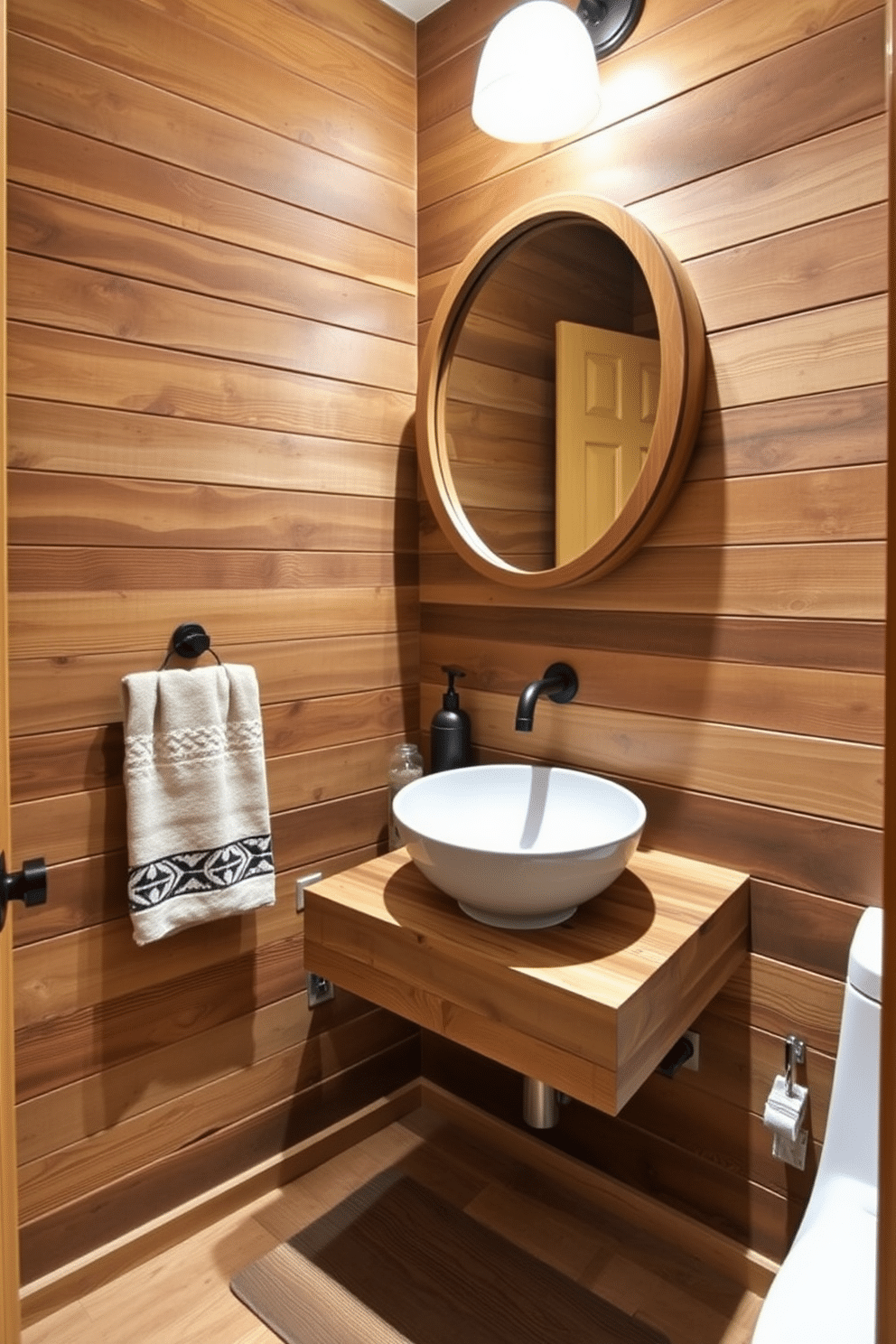 A trendy powder room featuring natural wood elements that exude warmth and charm. The space includes a floating wooden vanity with a sleek vessel sink, complemented by a stylish wall-mounted faucet. The walls are adorned with reclaimed wood paneling, creating a cozy atmosphere. A round mirror with a wooden frame hangs above the vanity, enhancing the rustic yet modern aesthetic.