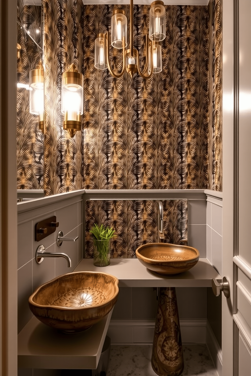 A stylish powder room featuring unique vessel sinks as the focal points. Each sink is crafted from artisanal materials, showcasing intricate designs that draw the eye and elevate the overall aesthetic. The walls are adorned with bold wallpaper, creating a vibrant backdrop that complements the sinks. Elegant lighting fixtures hang above, casting a warm glow that enhances the room's trendy atmosphere.