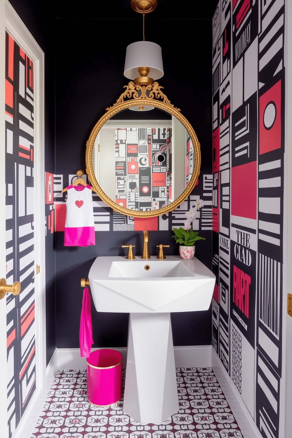 A trendy powder room featuring bold graphic prints on the walls, creating a striking visual impact. The space includes a sleek, modern sink with a geometric design and a stylish gold faucet, complemented by vibrant accessories that enhance the overall aesthetic. The floor is adorned with a chic patterned tile that contrasts with the graphic prints, adding depth to the room. A large, round mirror with a decorative frame reflects the vibrant colors, while a small potted plant on the countertop brings a touch of greenery to the design.