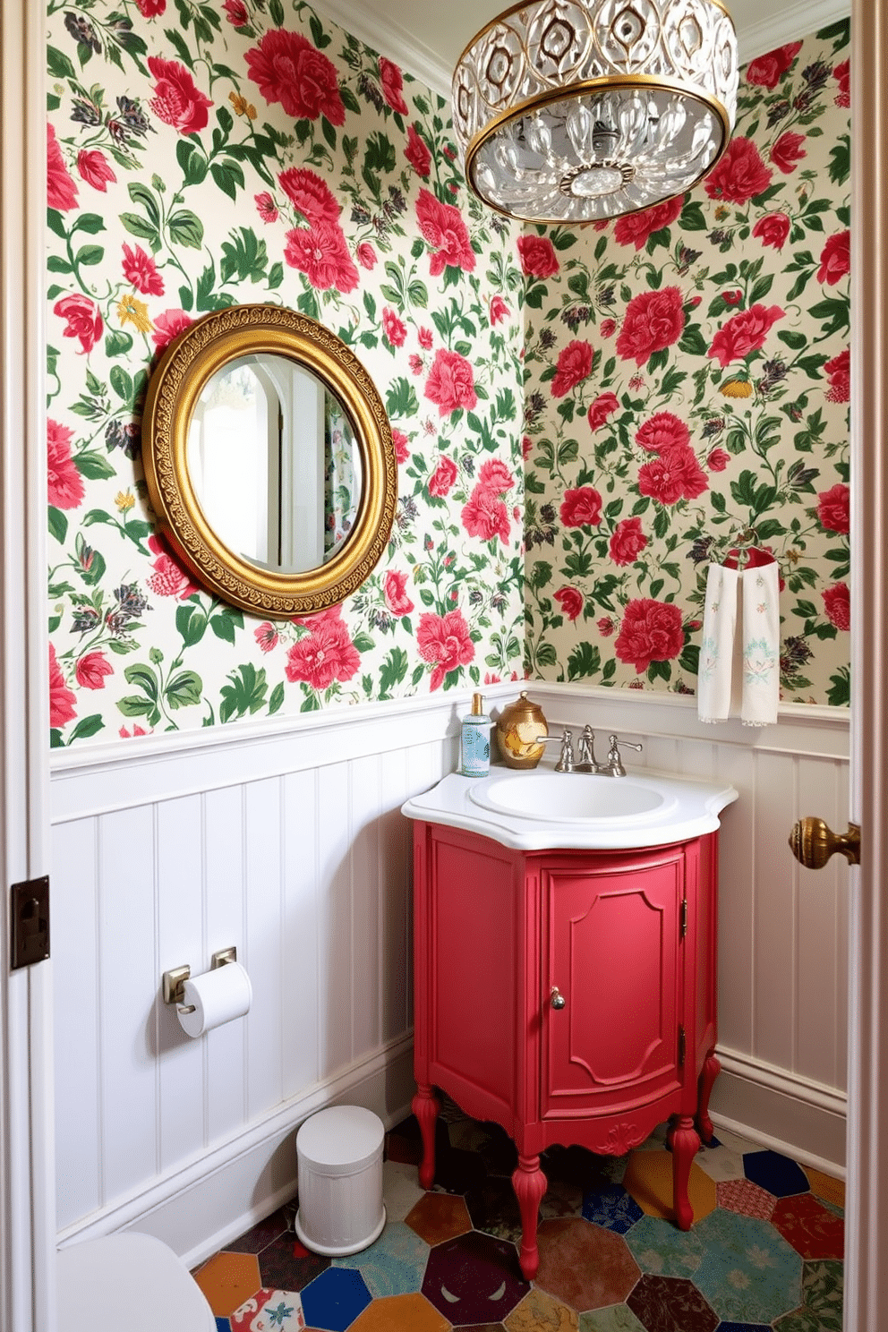 A vibrant powder room featuring a mix-and-match decor style. The walls are adorned with a bold floral wallpaper, complemented by a vintage wooden vanity painted in a contrasting color. A round mirror with an ornate frame hangs above the vanity, reflecting a collection of unique accessories. The floor is a patchwork of colorful tiles, while an eye-catching light fixture adds a touch of modern elegance.