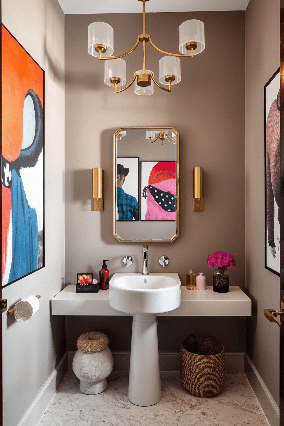 A stunning powder room featuring bold, large-scale art pieces that command attention on the walls. The space is adorned with a sleek pedestal sink and a statement mirror, complemented by vibrant accessories that enhance the overall aesthetic. This trendy powder room design incorporates rich textures and colors, creating a warm and inviting atmosphere. Elegant lighting fixtures hang above, casting a soft glow that highlights the unique artwork and stylish decor elements.