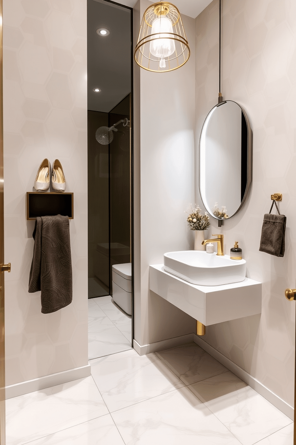 A trendy powder room featuring a sleek, lighted mirror that enhances the modern aesthetic. The walls are adorned with geometric wallpaper in soft pastels, complementing a minimalist floating sink with gold fixtures. The floor is covered in large-format tiles with a polished finish, creating an illusion of space. A stylish pendant light hangs above, casting a warm glow that highlights the unique decor elements throughout the room.