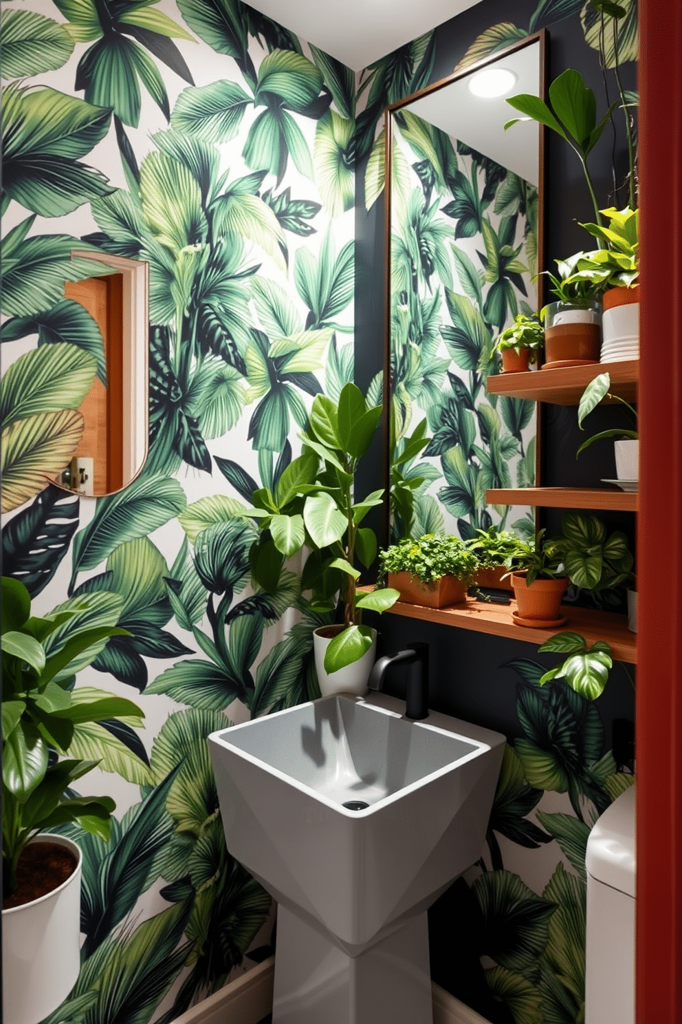 A trendy powder room features a sleek, modern sink with a geometric design, complemented by a stylish faucet in matte black. The walls are adorned with bold wallpaper showcasing tropical plants, creating a vibrant and fresh atmosphere. Lush greenery is incorporated with a variety of potted plants placed on floating shelves, adding life and color to the space. A large mirror with a decorative frame reflects the natural elements, enhancing the overall aesthetic of this chic powder room.