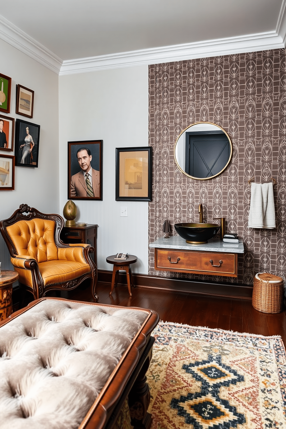 A cozy vintage-inspired living room features a mix of ornate wooden furniture, including a tufted armchair and a distressed coffee table. The walls are adorned with eclectic artwork, and a plush area rug adds warmth to the space. For a trendy powder room, envision a sleek floating vanity with a vessel sink and stylish brass fixtures. Bold wallpaper with a geometric pattern creates a striking backdrop, while a round mirror adds a modern touch above the sink.