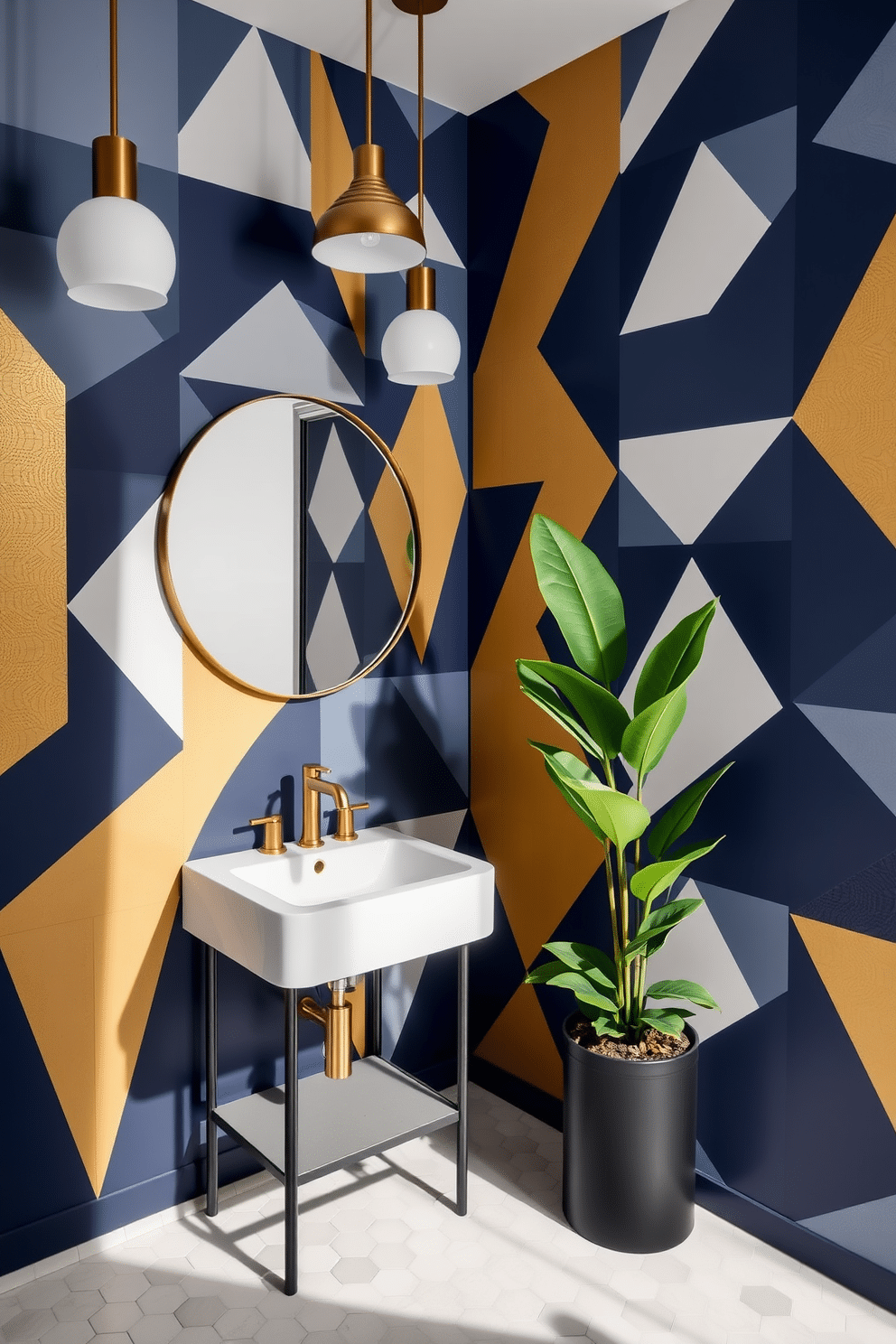 A trendy powder room features striking geometric patterns on the walls, incorporating a mix of bold colors like navy blue and gold. The floor is adorned with a chic hexagonal tile, complementing a sleek, minimalist vanity with a round mirror above it. The space is illuminated by modern pendant lights that cast interesting shadows across the geometric designs. A stylish, compact sink with brass fixtures adds a touch of elegance, while a vibrant potted plant brings a refreshing pop of greenery to the room.