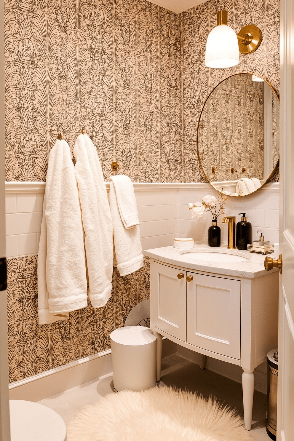 A trendy powder room design features soft textiles that create an inviting atmosphere. Plush towels and a cozy rug complement the sleek fixtures and modern decor, enhancing comfort and warmth. The walls are adorned with stylish wallpaper, while a chic vanity showcases elegant accessories. Ambient lighting highlights the textures, making the space feel both luxurious and welcoming.