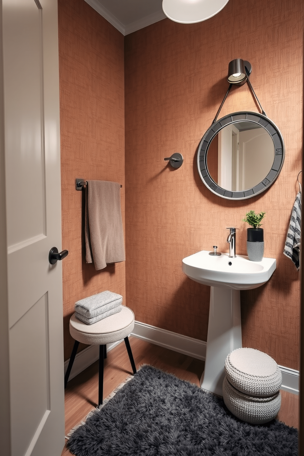 A trendy powder room features layered textures that create a cozy atmosphere, combining soft fabrics and natural materials. The walls are adorned with a textured wallpaper in a warm hue, while a plush area rug adds comfort underfoot. A sleek pedestal sink is complemented by a stylish wall-mounted faucet, and a round mirror with a decorative frame enhances the space. Accents of greenery, such as a small potted plant, bring life to the room, while ambient lighting casts a warm glow.