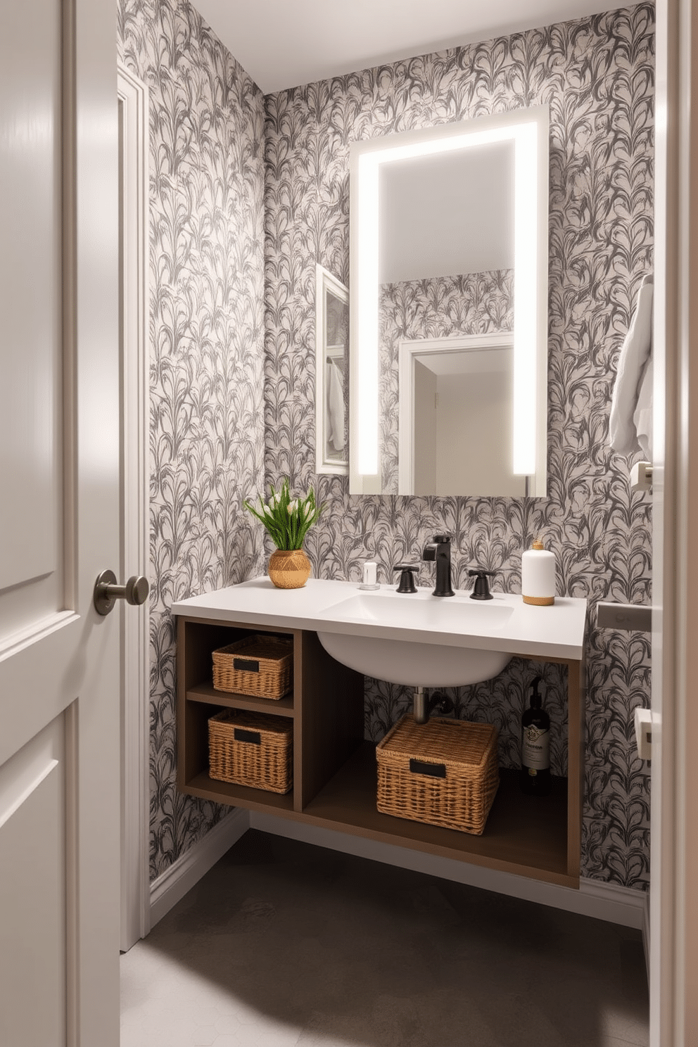 A stylish powder room featuring functional storage solutions that maximize space. The design includes a sleek floating vanity with built-in shelves, complemented by decorative baskets for organized storage. The walls are adorned with a bold wallpaper pattern, while the floor boasts chic hexagonal tiles. A large mirror with integrated lighting enhances the sense of space, and a small potted plant adds a touch of greenery.