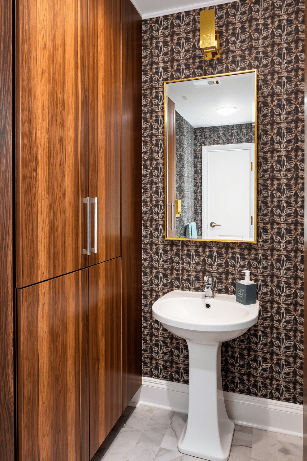 Custom cabinetry for tailored elegance. The cabinetry features a blend of rich walnut wood with sleek, modern hardware, creating a warm yet contemporary feel. Trendy powder room design ideas. The space showcases bold wallpaper with a geometric pattern, complemented by a chic pedestal sink and a statement mirror that enhances the room's stylish ambiance.