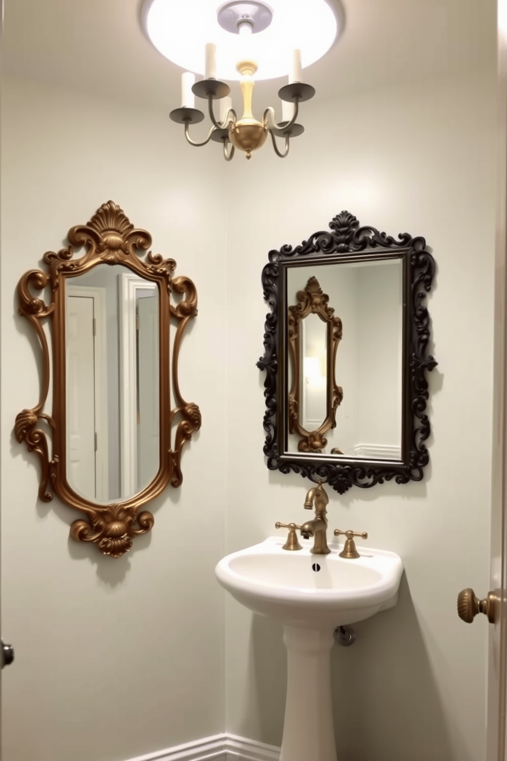 A trendy powder room featuring vintage mirrors that enhance sophistication. The walls are painted in a soft pastel hue, complemented by a chic pedestal sink and a stylish brass faucet. The vintage mirrors are ornately framed, reflecting light and adding depth to the space. A small, elegant chandelier hangs from the ceiling, casting a warm glow over the room.