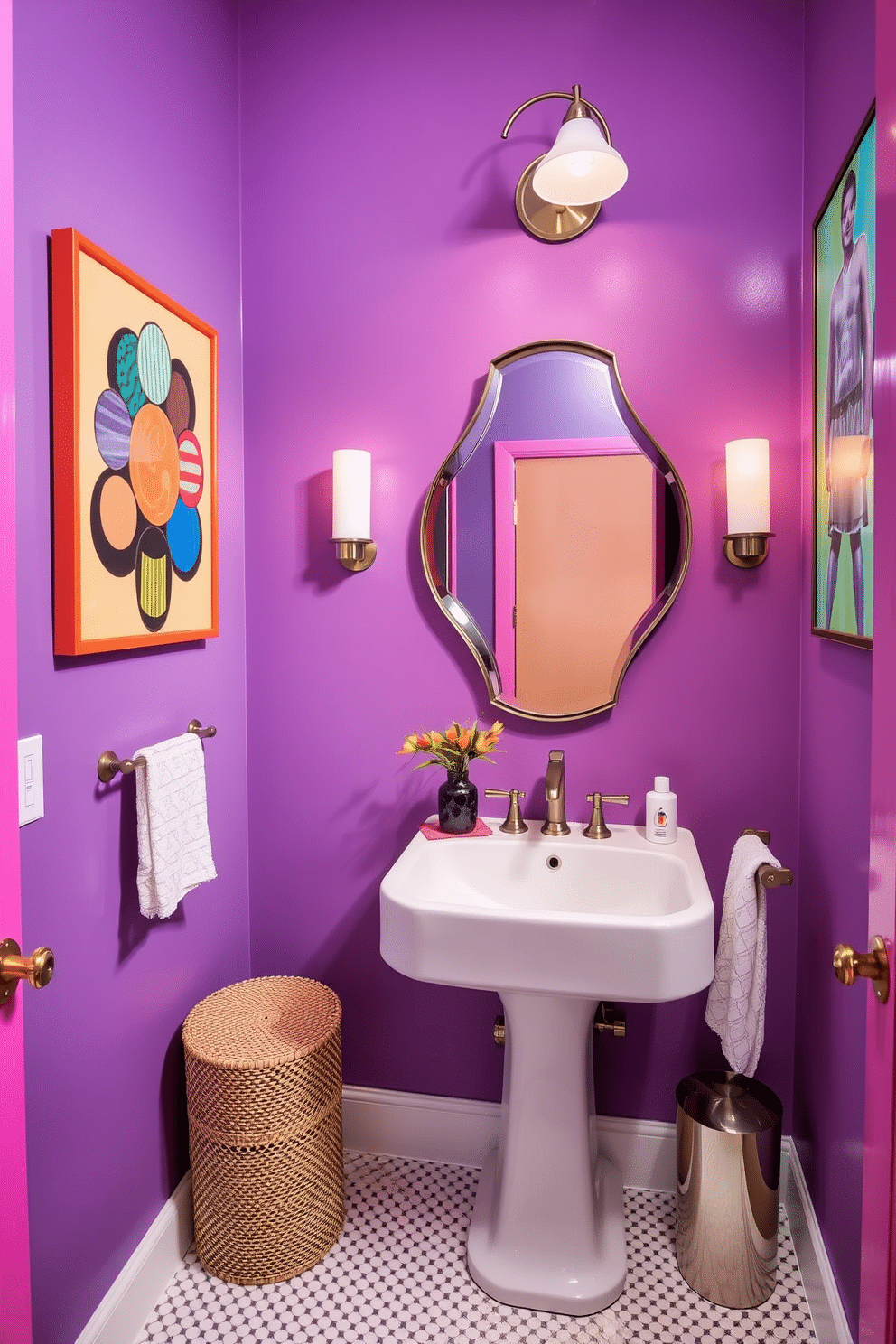 A trendy powder room features a vibrant color palette with bright artwork that adds a lively touch to the walls. The space includes a stylish pedestal sink, a chic mirror with an unusual shape, and decorative accents that enhance the modern aesthetic.