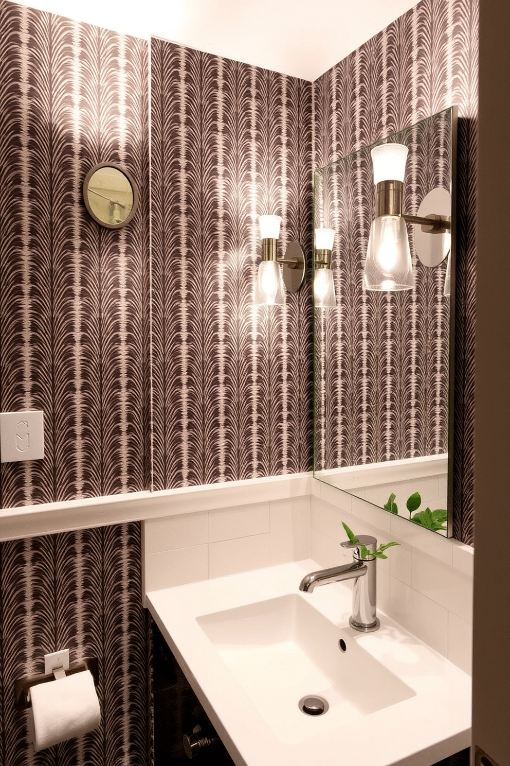 A stylish powder room featuring chic sconces that provide warm ambient lighting. The sconces are elegantly mounted on either side of a sleek mirror, enhancing the room's modern aesthetic. The walls are adorned with a bold wallpaper pattern, creating a striking backdrop for the minimalist sink and vanity. A small potted plant sits on the countertop, adding a touch of greenery to the trendy design.