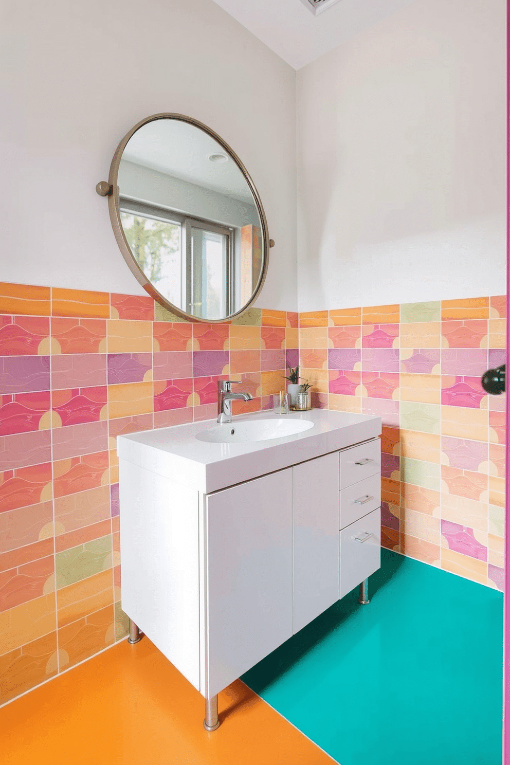 A trendy powder room features a vibrant floor adorned with colorful, geometric tiles that create a striking visual impact. The walls are painted in a soft pastel hue, complementing the lively tiles and enhancing the overall brightness of the space. A sleek, modern sink with a polished chrome faucet sits atop a minimalist vanity, which is accented with stylish accessories. A large round mirror with a decorative frame reflects the playful tile patterns, adding depth and character to the room.