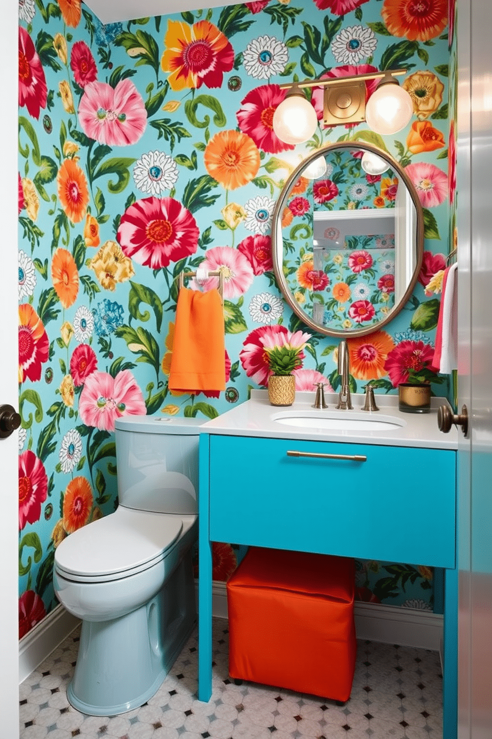 A vibrant powder room featuring whimsical wallpaper patterns that add a playful touch to the space. The walls are adorned with a lively design of oversized florals in bright colors, creating an inviting atmosphere. The vanity is a sleek, modern piece with a bold, contrasting color that complements the wallpaper. Accents like a unique mirror and quirky light fixtures enhance the overall fun and trendy vibe of the room.