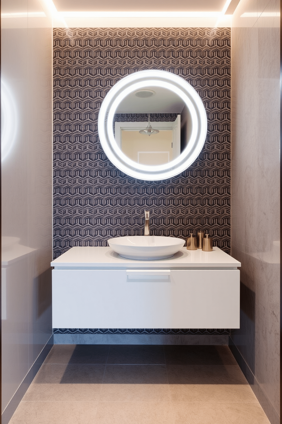 A chic powder room featuring a floating vanity with sleek lines and a glossy finish. Above the vanity, a round mirror with integrated LED lighting enhances the modern aesthetic, while the walls are adorned with a bold geometric wallpaper. The floor is covered in large-format porcelain tiles with a subtle texture, creating a sense of depth. Complementing the design, stylish accessories in metallic finishes add a touch of elegance to the space.