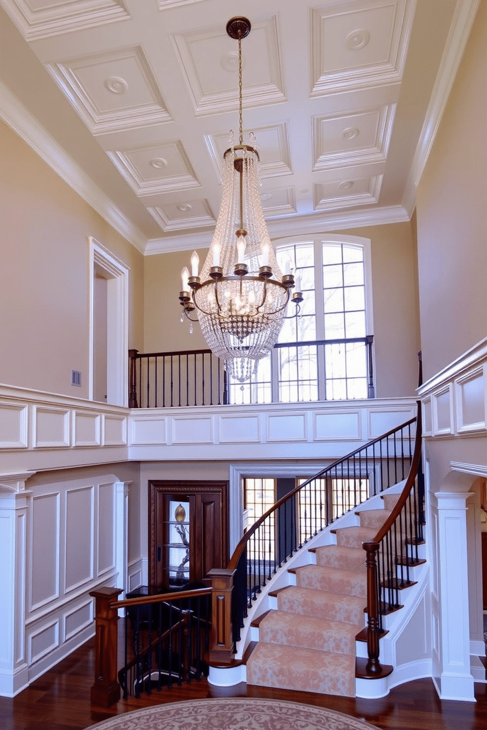 An elegant two-story foyer features a grand chandelier as the focal point, cascading down from a beautifully coffered ceiling. The walls are adorned with intricate wainscoting, and a sweeping staircase with a polished wooden banister leads to the upper level.