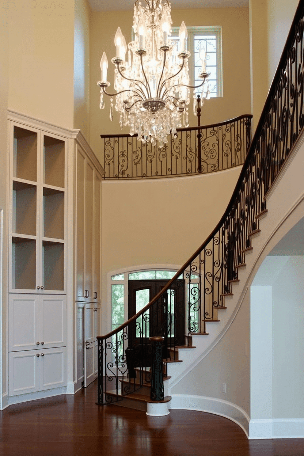 Custom built-ins for storage and display. The design features sleek cabinetry that seamlessly integrates with the surrounding architecture, offering both functionality and aesthetic appeal. Two Story Foyer Design Ideas. This grand entryway boasts a sweeping staircase with intricate wrought iron railings, illuminated by a stunning chandelier that cascades down, creating a warm and inviting atmosphere.