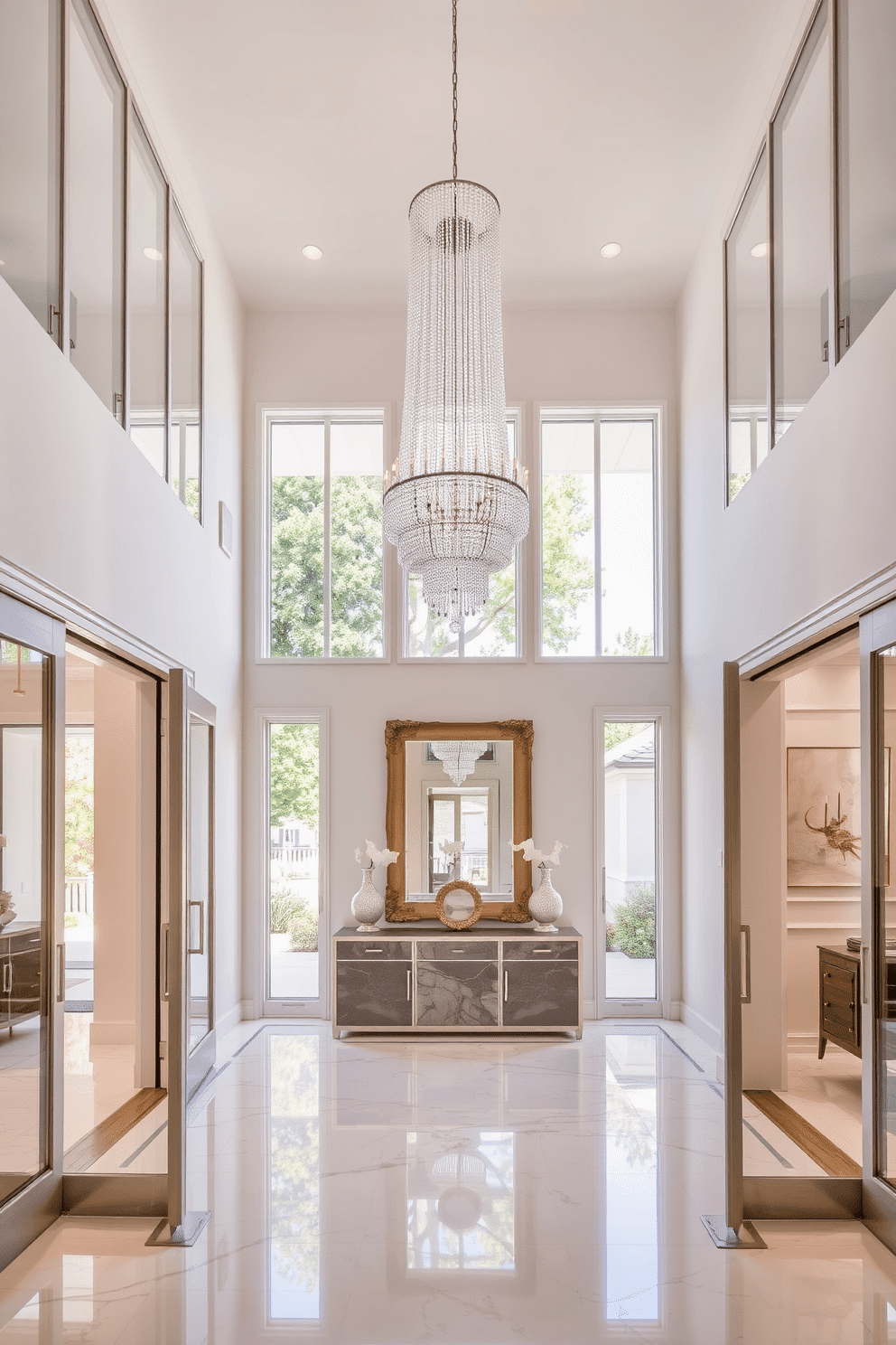 Translucent glass doors create a sense of openness, inviting natural light to flood the space while offering a seamless transition between indoor and outdoor areas. The foyer features a grand two-story ceiling, adorned with a stunning chandelier that cascades down, enhancing the feeling of spaciousness and elegance. The walls are painted in a soft, neutral tone, complemented by a sleek marble floor that reflects the light beautifully. A statement console table sits beneath the chandelier, showcasing curated decor pieces and a large mirror that amplifies the airy atmosphere.