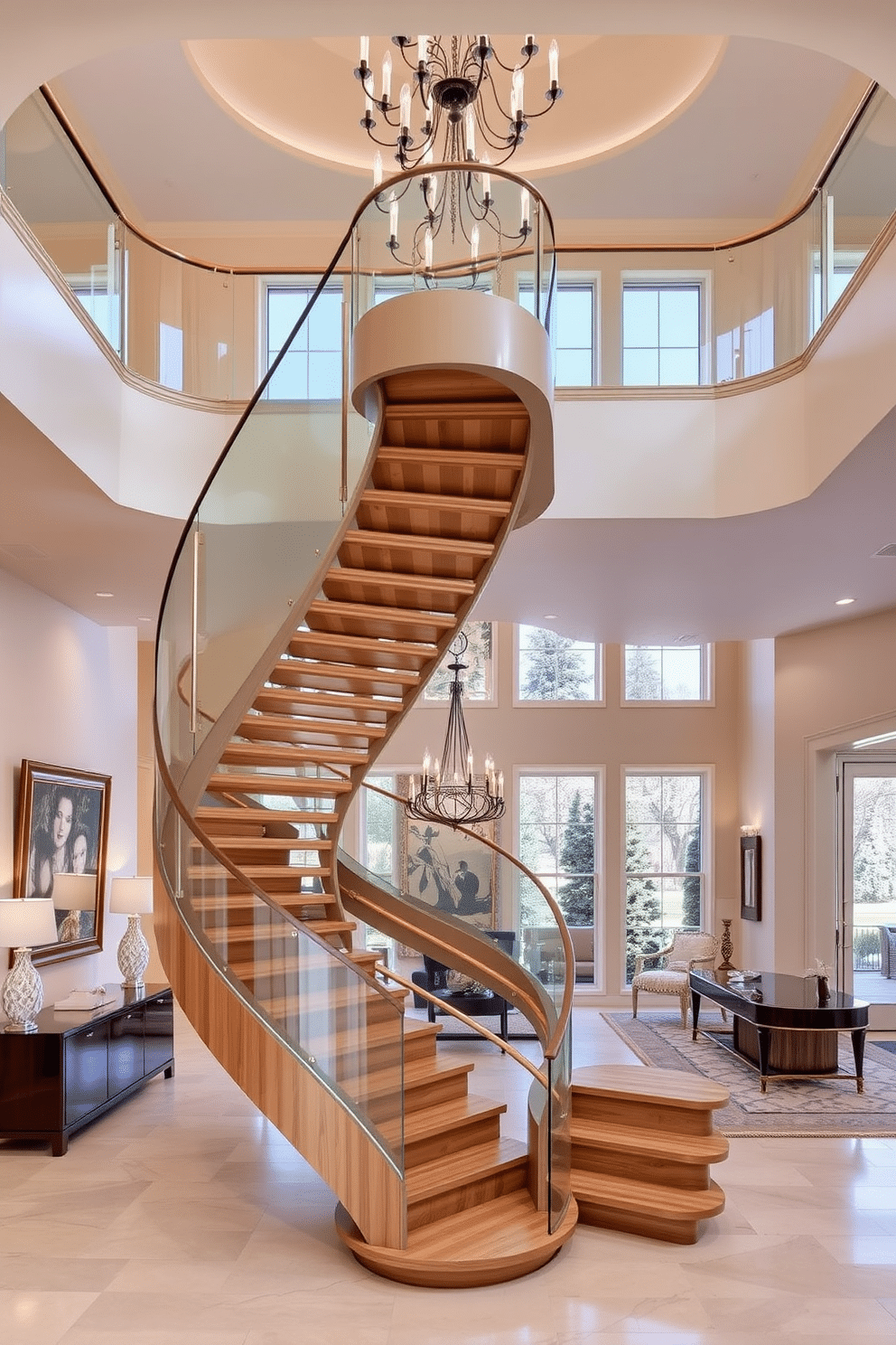 A sculptural staircase design that serves as a stunning focal point in the space. The staircase features flowing curves and a combination of wood and glass materials, creating an airy and modern aesthetic. A two-story foyer that welcomes guests with grandeur and elegance. The foyer is adorned with a dramatic chandelier, high ceilings, and an open layout that showcases a beautiful view of the staircase and surrounding decor.