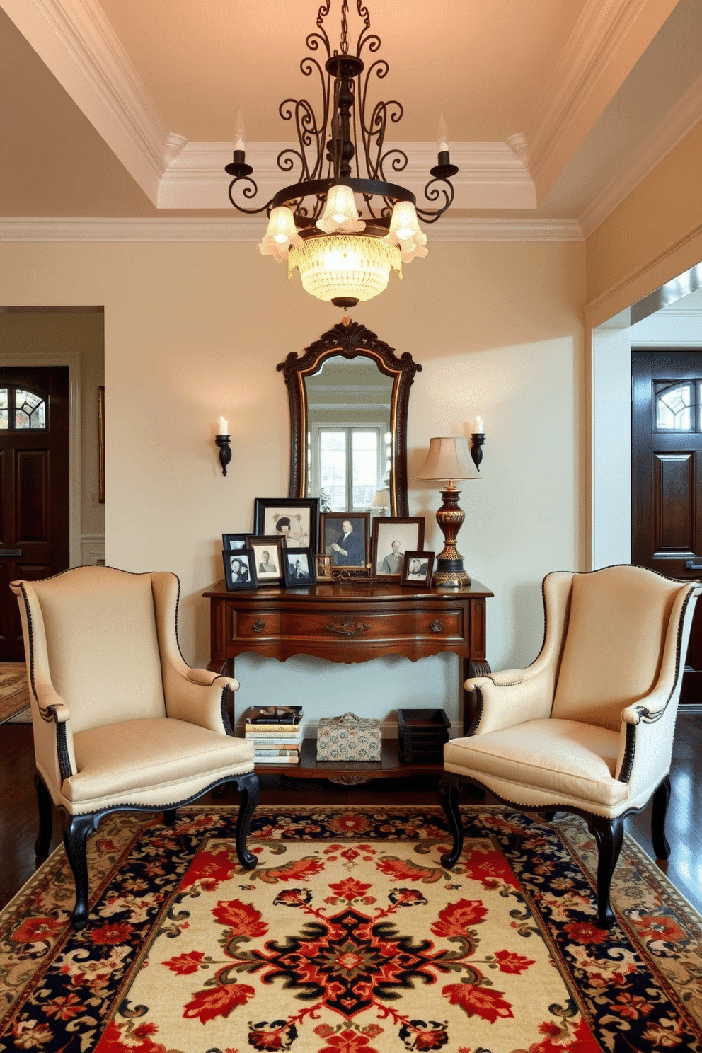 A vintage-inspired foyer welcomes guests with its character and charm. An ornate chandelier hangs from the ceiling, casting a warm glow over a beautifully patterned area rug that anchors the space. The focal point of the foyer is an antique wooden console table adorned with a collection of framed family photos and a decorative mirror. Flanking the table are two elegant upholstered chairs that invite visitors to sit and enjoy the ambiance.