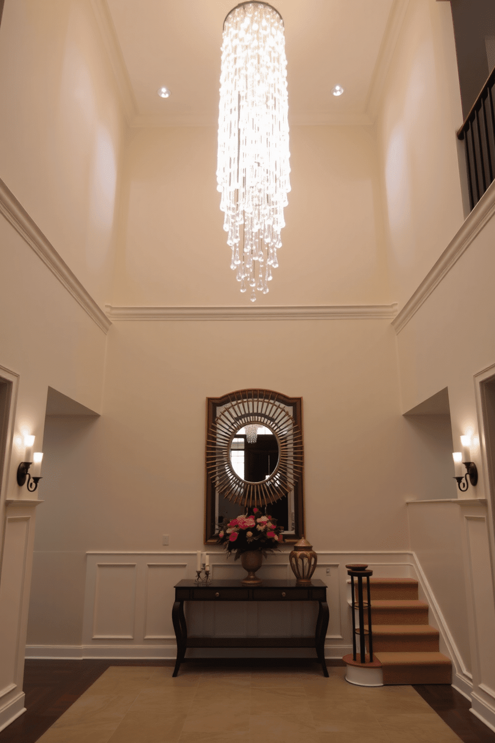 A grand two-story foyer featuring a stunning chandelier that cascades from the ceiling, illuminating the space with a warm glow. The walls are adorned with elegant wainscoting, and a large, decorative mirror reflects the light, enhancing the sense of openness. At the base of the staircase, a stylish console table holds a bouquet of fresh flowers, adding a touch of color to the neutral palette. Soft, ambient lighting from wall sconces highlights the architectural details, creating an inviting atmosphere for guests.