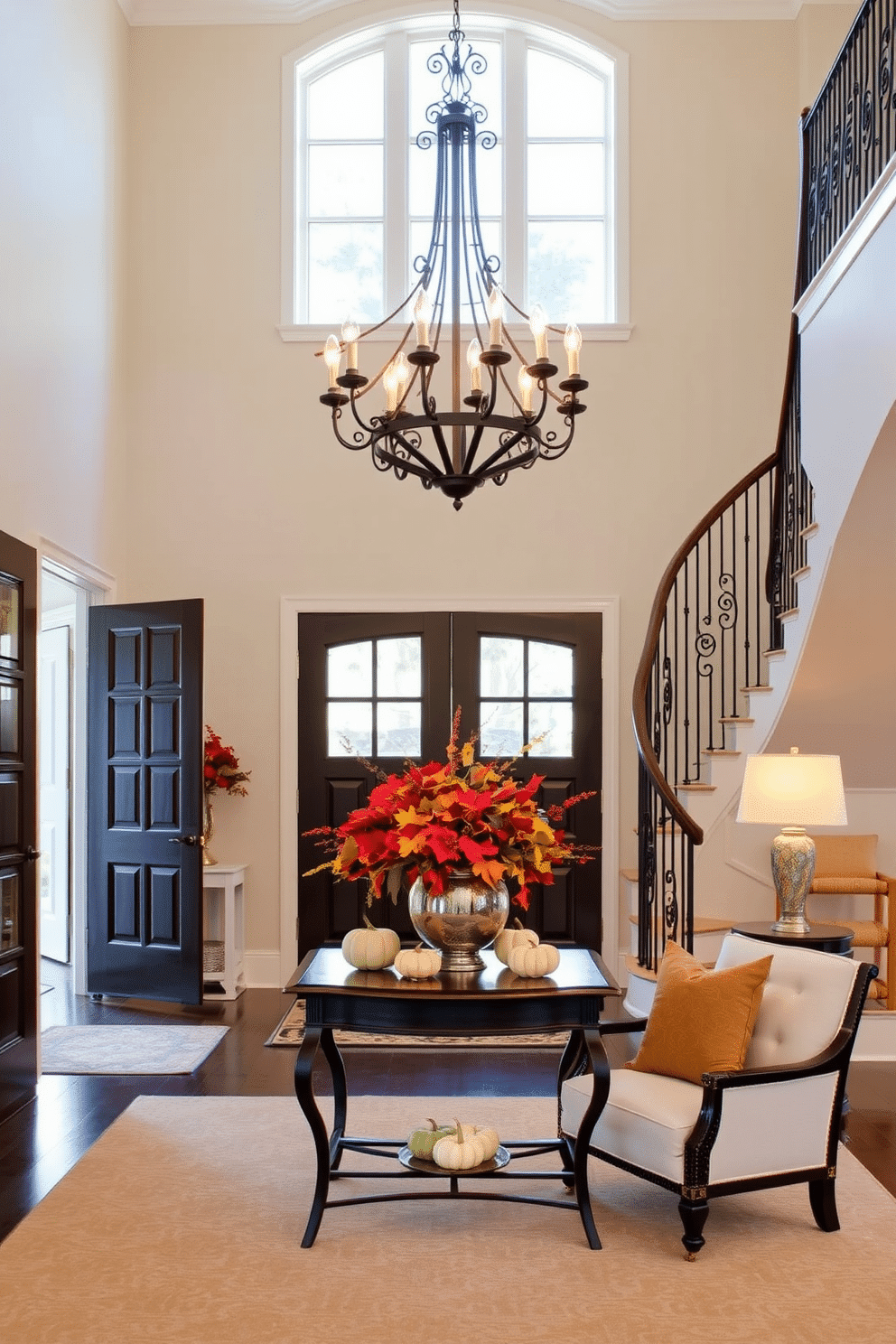 Seasonal decor to refresh the space. A vibrant arrangement of autumn leaves and pumpkins adorns the entryway table, while warm-toned throw pillows add a cozy touch to the seating area. Two Story Foyer Design Ideas. Grand double doors open to reveal a spacious foyer with a stunning chandelier hanging from the high ceiling, complemented by a sweeping staircase that features elegant wrought iron railings.