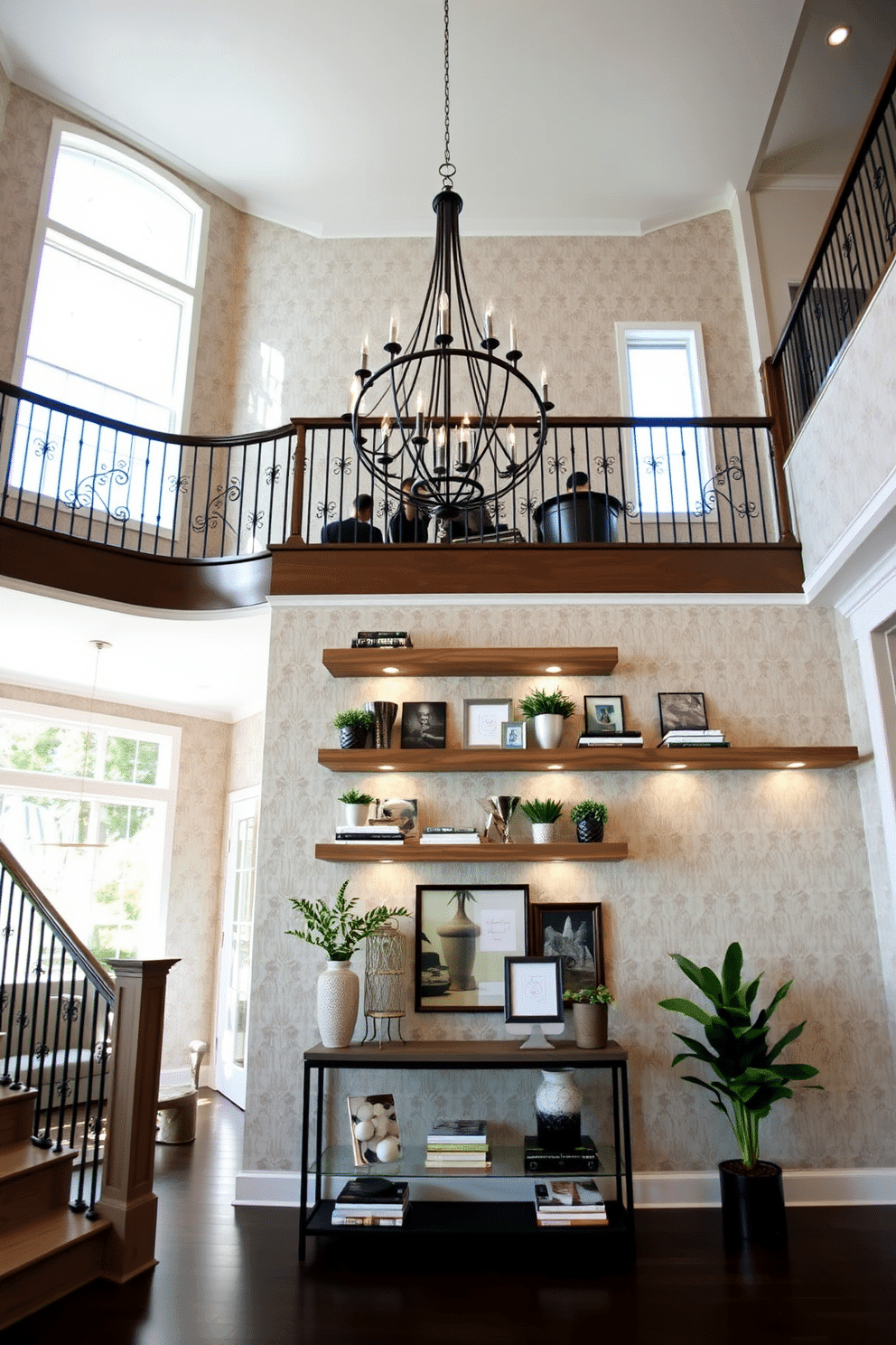 A modern two-story foyer featuring a grand staircase with wrought iron railings and a large chandelier hanging from the vaulted ceiling. The walls are adorned with elegant wallpaper, and natural light streams in through tall windows, highlighting a stylish console table with decorative accents. Floating shelves installed on a feature wall, showcasing an array of decorative items such as books, plants, and art pieces. The shelves are made of reclaimed wood, adding warmth to the space, while ambient lighting highlights the curated collection.