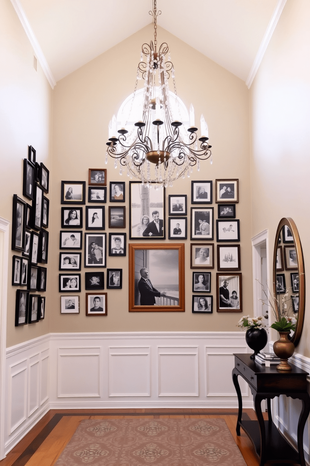 A gallery wall adorned with family photos creates a warm and inviting atmosphere. The wall features a mix of frame styles and sizes, showcasing cherished memories in black and white and color. The two-story foyer boasts a grand chandelier hanging from a vaulted ceiling, illuminating the space below. Elegant wainscoting lines the walls, and a stylish console table is placed against one side, adorned with decorative accents and fresh flowers.