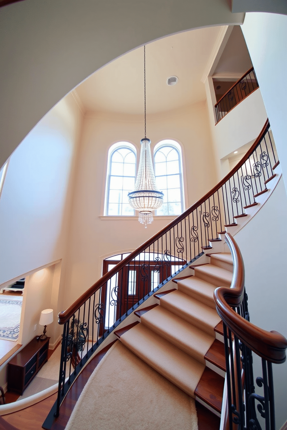 A graceful curved staircase sweeps elegantly from the foyer, featuring a rich wooden handrail that complements the intricate wrought iron balusters. The steps are adorned with a plush runner, adding warmth and texture to the space while inviting guests to explore the upper level. The two-story foyer boasts a stunning chandelier that cascades down, illuminating the space with a soft glow. Tall windows flanking the entrance allow natural light to flood in, highlighting the elegant architectural details and creating a welcoming ambiance.