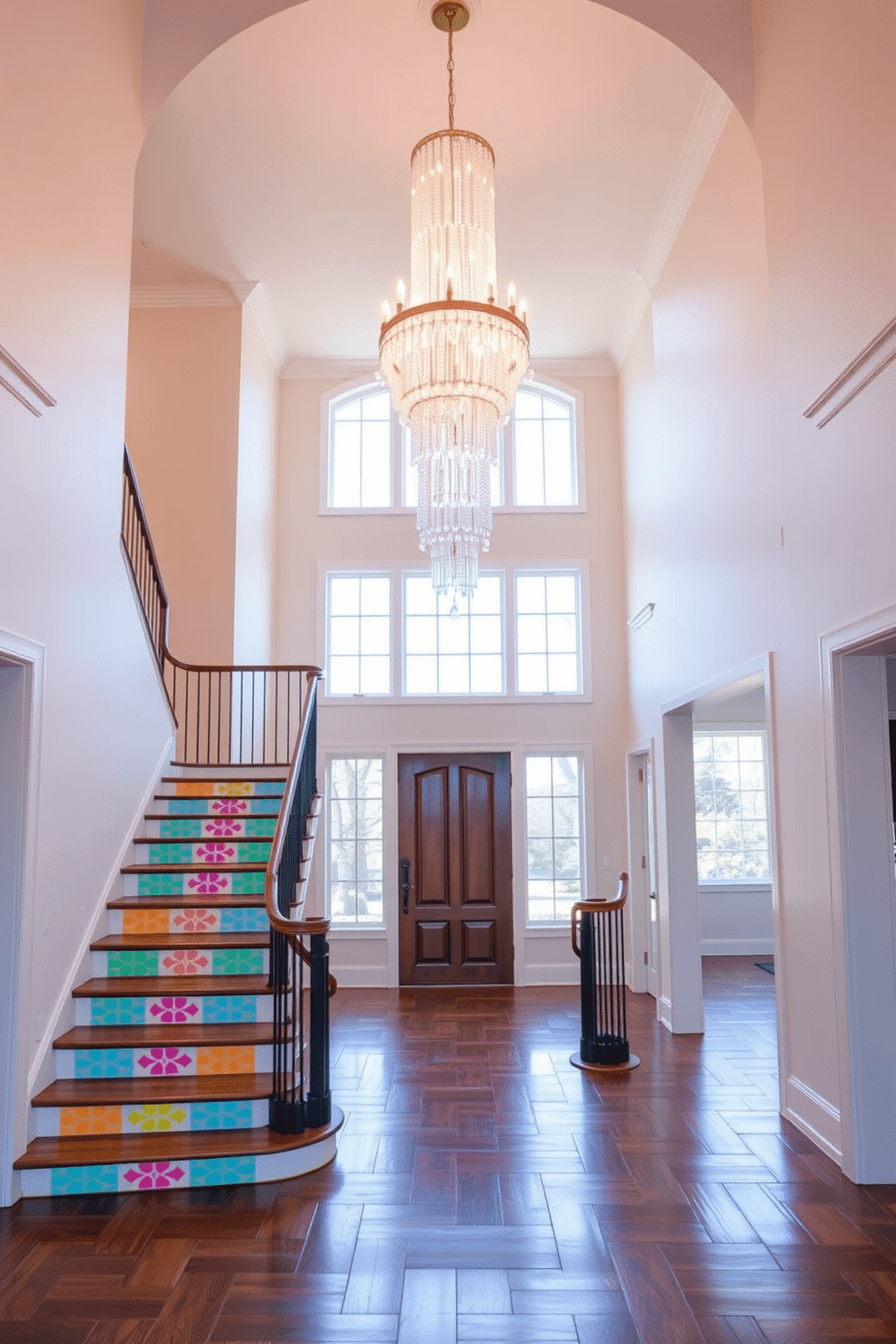 Colorful stair risers adorned with vibrant geometric patterns create a playful and inviting atmosphere. The surrounding walls are painted in a soft white to enhance the brightness and allow the colors to pop. The two-story foyer features a grand chandelier that cascades down from the ceiling, illuminating the space with warm light. Large windows frame the entrance, allowing natural light to flood in and highlight the rich wooden flooring.