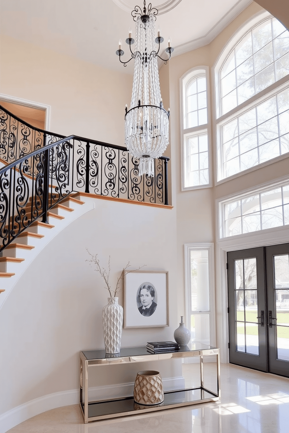 A stunning two-story foyer features a grand staircase with an elegant wrought iron railing, illuminated by a magnificent chandelier that cascades down from the ceiling. The walls are adorned with soft, neutral tones, complemented by large windows that allow natural light to flood the space, highlighting the intricate details of the architecture. Incorporating mirrored furniture adds a touch of glamour to the foyer, with a sleek console table reflecting the light and creating an illusion of space. Flanked by decorative accents, such as a stylish vase and a statement piece of artwork, this chic design choice enhances the overall sophistication of the entrance.