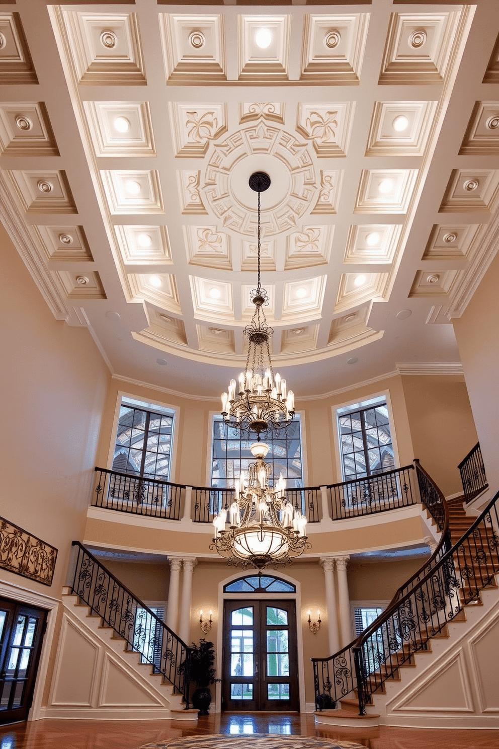 Artistic ceiling design to draw attention. The ceiling features an intricate coffered pattern with recessed lighting that highlights the architectural details. Two story foyer design ideas. The space is illuminated by a grand chandelier, with a sweeping staircase that elegantly curves around the foyer, accented by decorative railings.