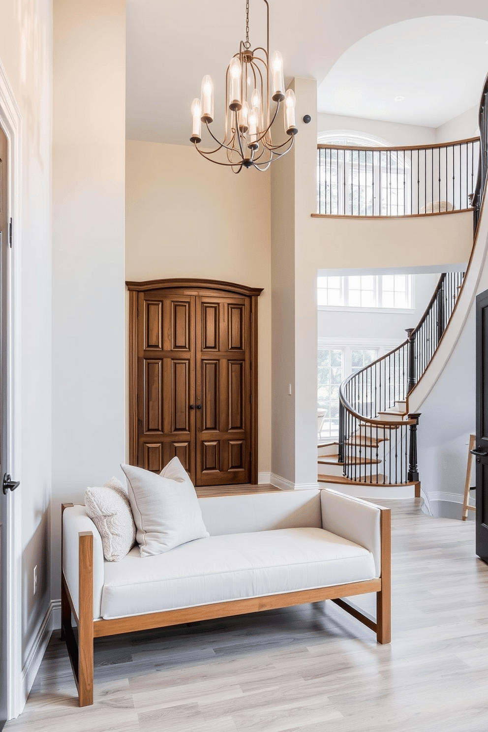 A functional bench with storage underneath is positioned against a wall in a bright entryway. The bench features soft upholstery in a neutral tone, complemented by decorative pillows and a sleek wooden frame that adds warmth to the space. In a grand two-story foyer, a stunning chandelier hangs from the ceiling, illuminating the open area. The foyer is adorned with a sweeping staircase, elegant railings, and large windows that allow natural light to flood in, creating an inviting atmosphere.