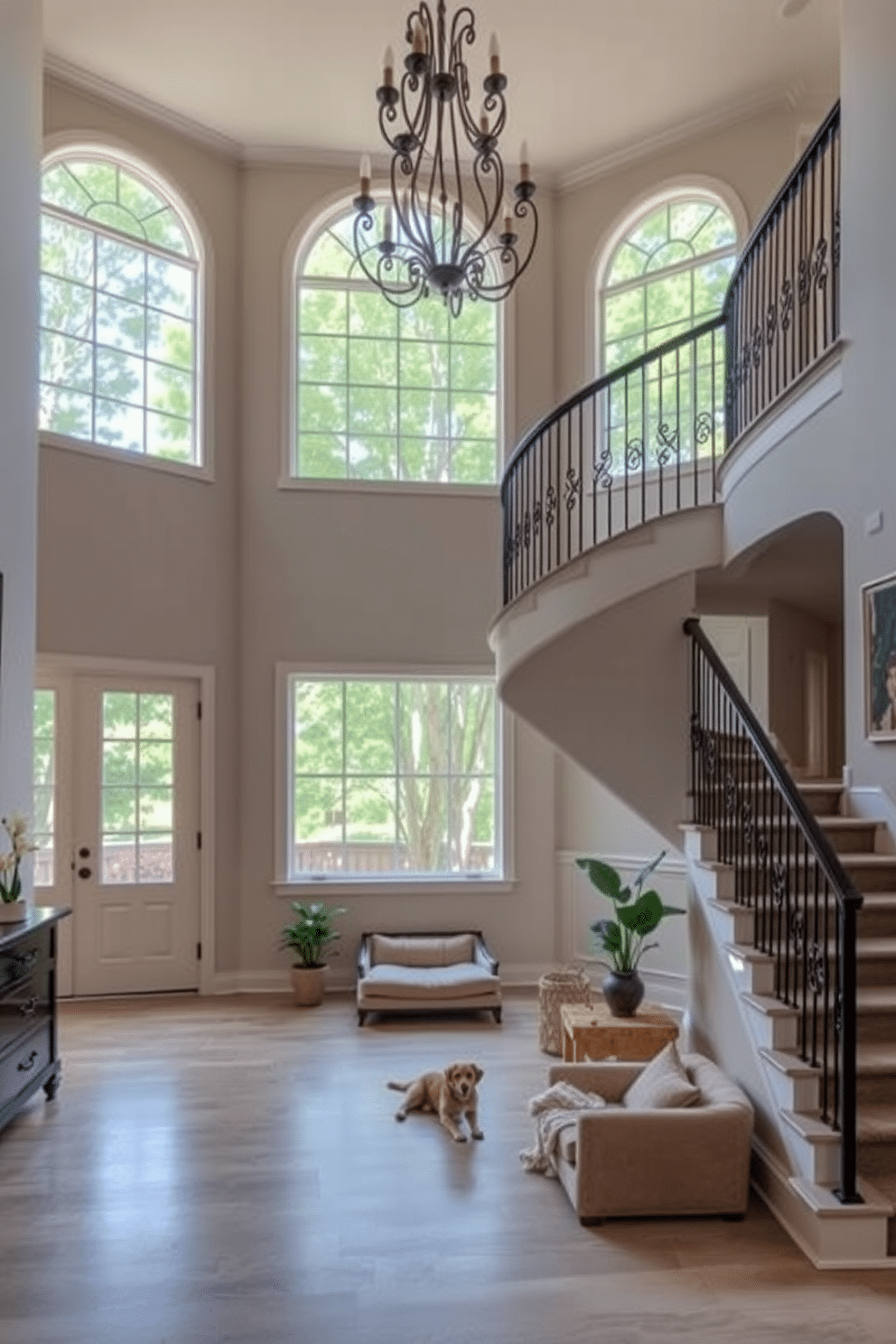 A stunning two-story foyer filled with natural light. The space features a grand staircase with a wrought iron railing, flanked by large windows that showcase lush greenery outside. At the base of the staircase, a cozy pet-friendly area is designed with a soft, stylish dog bed and a small indoor plant. The walls are adorned with elegant artwork, and a beautiful chandelier hangs from the ceiling, adding a touch of sophistication.