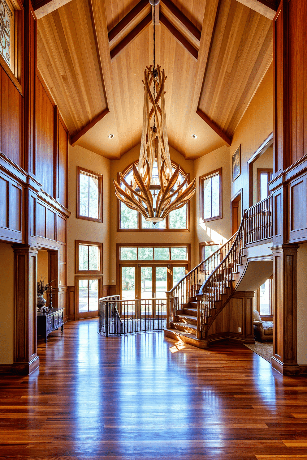 A grand two-story foyer featuring a stunning chandelier made of natural wood and glass, suspended elegantly from a vaulted ceiling. The walls are adorned with warm wood paneling, while the floor boasts rich, polished hardwood that complements the organic elements throughout the space. A curved staircase with intricately carved wooden banisters leads to the upper level, creating a dramatic focal point. Large windows allow natural light to flood in, highlighting the beauty of the natural materials and creating an inviting atmosphere.