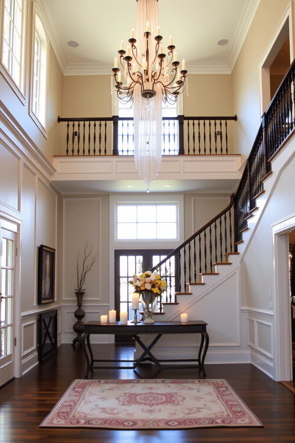 A two-story foyer bathed in natural light, featuring a grand chandelier that cascades from the ceiling. The walls are adorned with elegant wainscoting, and a large, inviting area rug lies at the base of the staircase, which is framed by intricate railings. Create a welcoming scent with candles, strategically placed on a console table near the entrance. The flickering candlelight casts a warm glow, enhancing the ambiance of the space while complementing fresh floral arrangements.