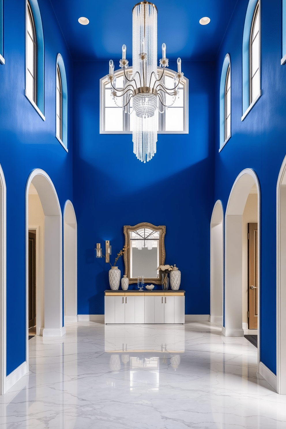 A stunning two-story foyer featuring a bold cobalt blue accent wall that creates a striking first impression. The space is illuminated by a grand chandelier, cascading down from the ceiling, while elegant marble flooring reflects the light beautifully. Flanking the entrance are tall, arched windows that allow natural light to flood the area, enhancing the dramatic color scheme. A stylish console table is positioned against the wall, adorned with decorative vases and a statement mirror that adds depth to the space.