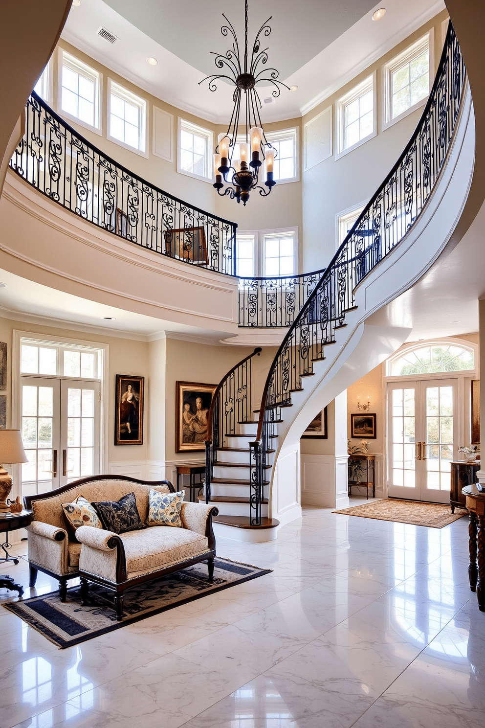 A grand two-story foyer featuring a sweeping staircase with elegant wrought iron railings. The space is adorned with a modern chandelier that contrasts beautifully with traditional wainscoting and a classic marble floor. To the left, a cozy seating area with a vintage settee and contemporary accent pillows invites guests to linger. Large windows allow natural light to flood the space, highlighting a blend of modern art pieces and traditional portraits on the walls.