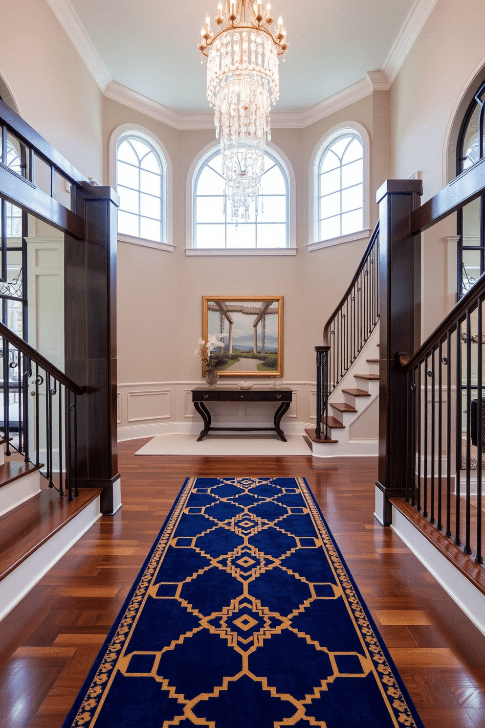 A stunning staircase runner adds a touch of elegance to the entryway. The runner features a bold geometric pattern in rich navy and gold, contrasting beautifully with the polished hardwood steps. The two-story foyer boasts a grand chandelier that cascades from the ceiling, illuminating the space below. Flanking the foyer are tall, arched windows that allow natural light to flood in, highlighting the intricate moldings and a stylish console table.