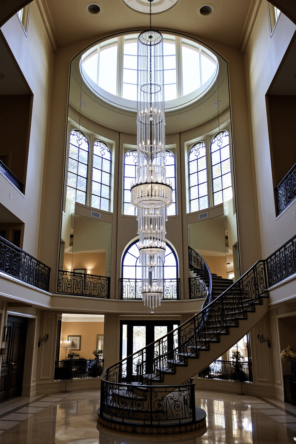 A grand two-story foyer featuring a large, elegant mirror that reflects natural light, creating an airy and inviting atmosphere. The space is adorned with a stunning chandelier that cascades from the high ceiling, illuminating the intricately designed staircase that spirals gracefully upwards.