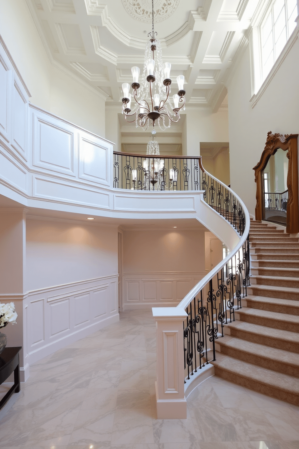 A grand two-story foyer featuring decorative molding that adds architectural interest. The space is illuminated by a stunning chandelier, with a sweeping staircase that showcases intricate balustrades. The walls are adorned with elegant wainscoting, enhancing the sense of height and sophistication. A large, ornate mirror reflects the light, creating an inviting and spacious atmosphere.