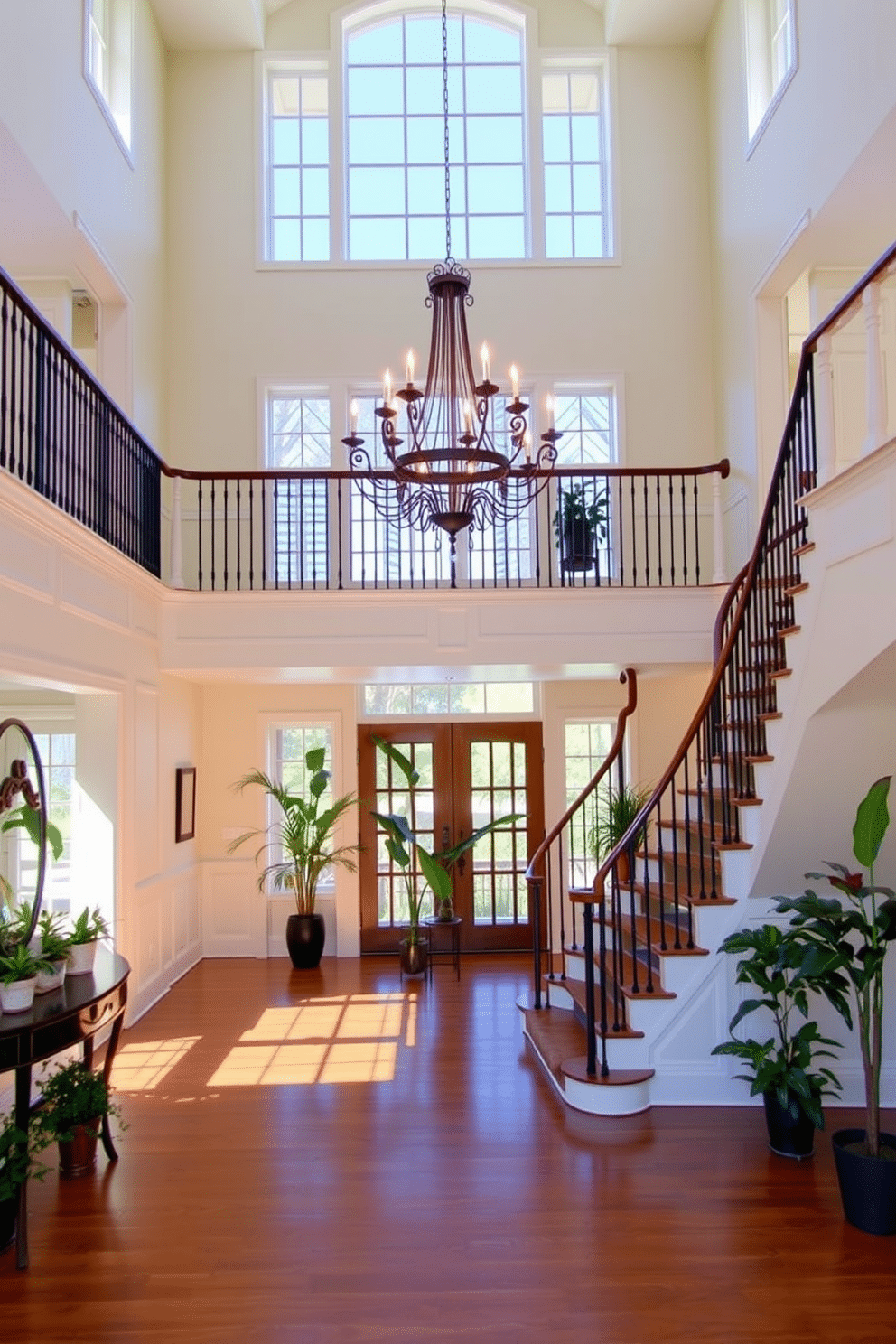 A grand two-story foyer with high ceilings and an elegant chandelier hanging from the center. The walls are adorned with wainscoting, painted in a soft cream color, while a stylish console table sits against one wall, decorated with potted plants for a natural touch. A beautiful staircase with a wrought-iron railing winds gracefully up to the second floor. Large windows allow natural light to flood the space, highlighting the rich hardwood flooring and the vibrant greenery of the potted plants placed strategically throughout the foyer.