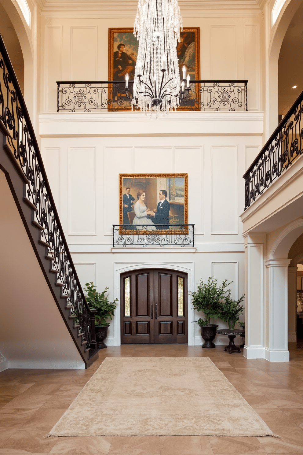 A grand two-story foyer featuring a sweeping staircase with ornate wrought iron railings. Statement artwork hangs prominently above the entryway, drawing the eye and setting a sophisticated tone for the space. The walls are adorned with elegant paneling in a soft cream color, complemented by a stunning chandelier that cascades light throughout the area. A plush area rug anchors the foyer, while decorative plants flank the staircase, adding a touch of greenery and warmth.