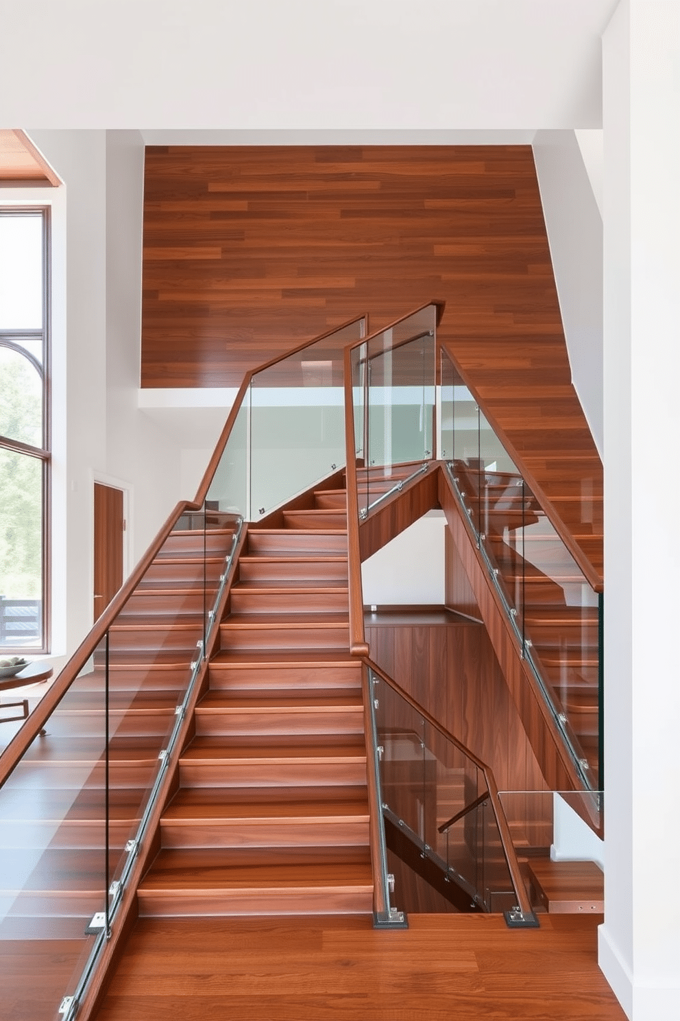 Elegant wood treads with glass railing design. The staircase features rich, dark wood treads that contrast beautifully with sleek, transparent glass railings, creating a modern and airy feel. U-Shaped Staircase Design Ideas. This design incorporates a spacious landing area with elegant wood finishes, allowing for natural light to flow through the open space while maintaining a sense of intimacy.