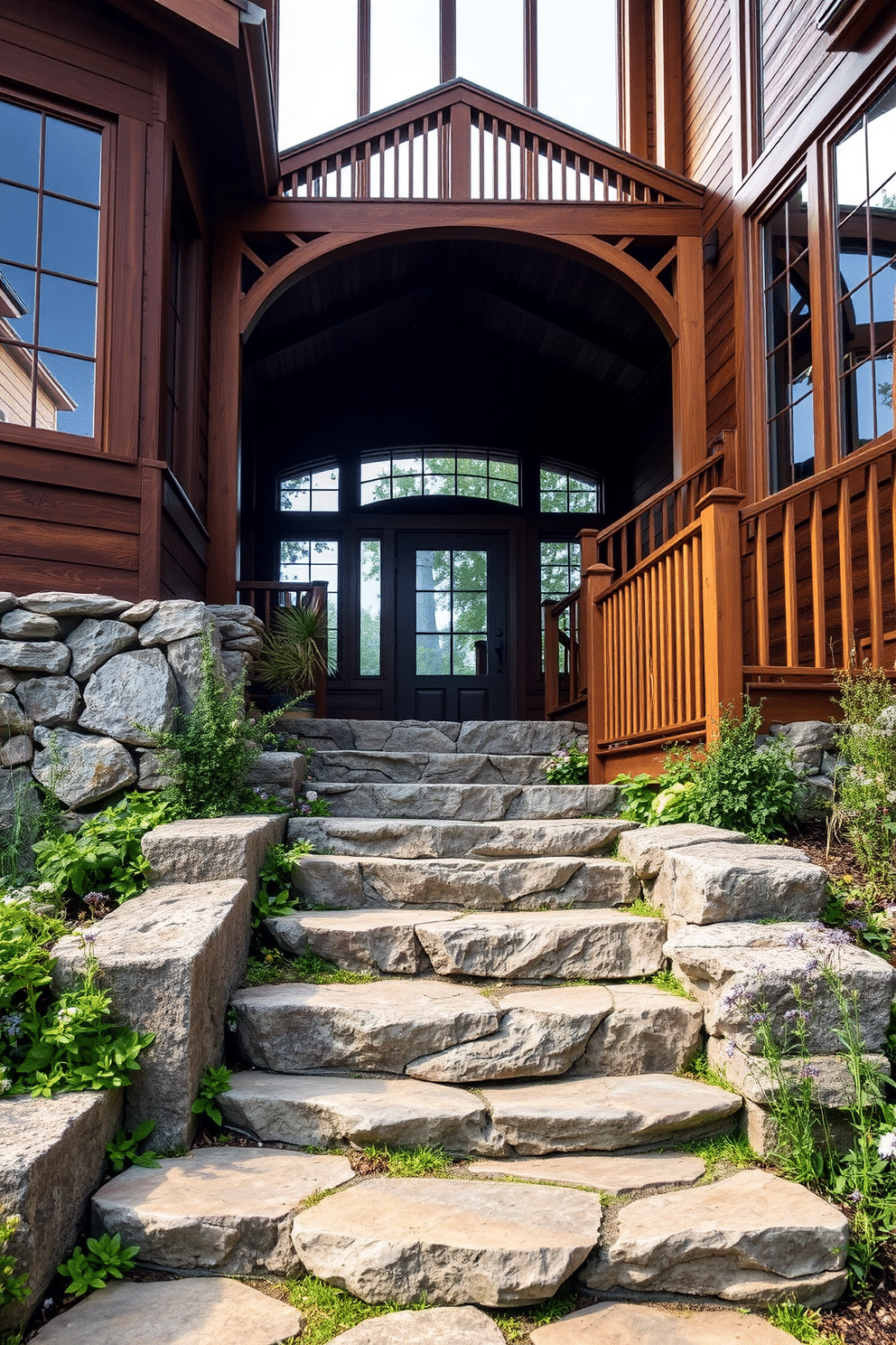 Natural stone steps lead up to a cozy entrance, surrounded by lush greenery and wildflowers. The textured surface of the stones adds a rustic charm, inviting guests to explore further. The U-shaped staircase features elegant wooden railings and a warm, inviting finish. Large windows on either side allow natural light to flood the space, highlighting the craftsmanship of the design.